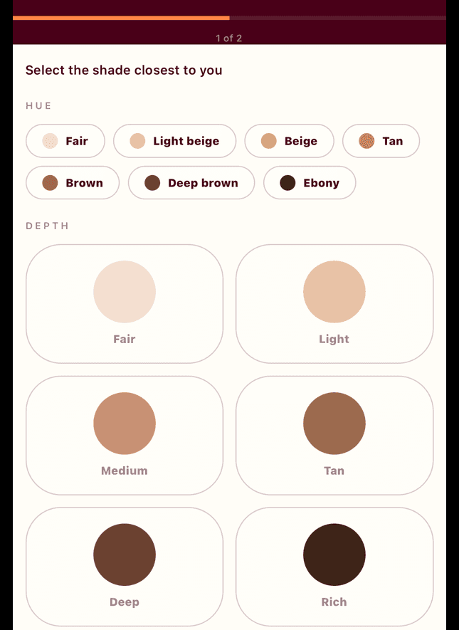 Lychee app screen for selecting skin tone and depth